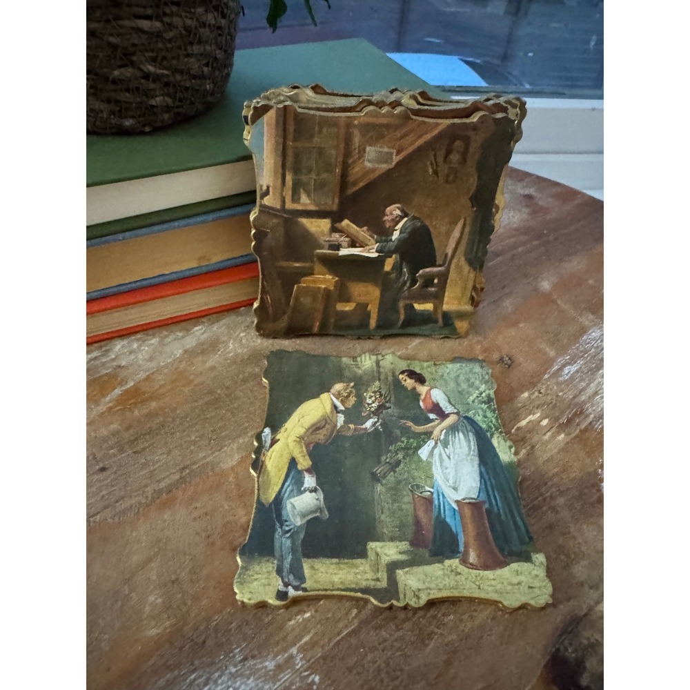 Vintage Carl Spitzweg Art Coasters Set of 6 Cork Back Scalloped Gold Edge 4x4